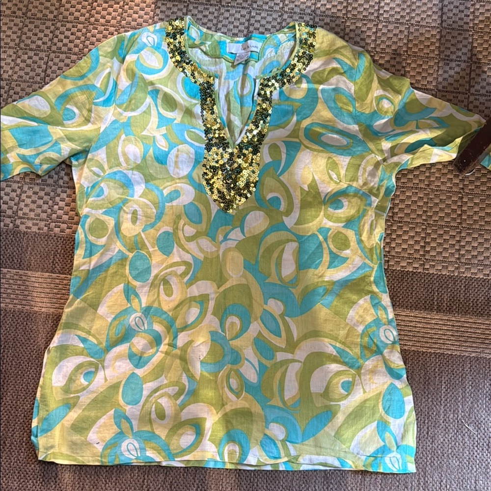 Lucy & Laurel Blue and Yellow Embellished 3/4 Sleeve Tunic